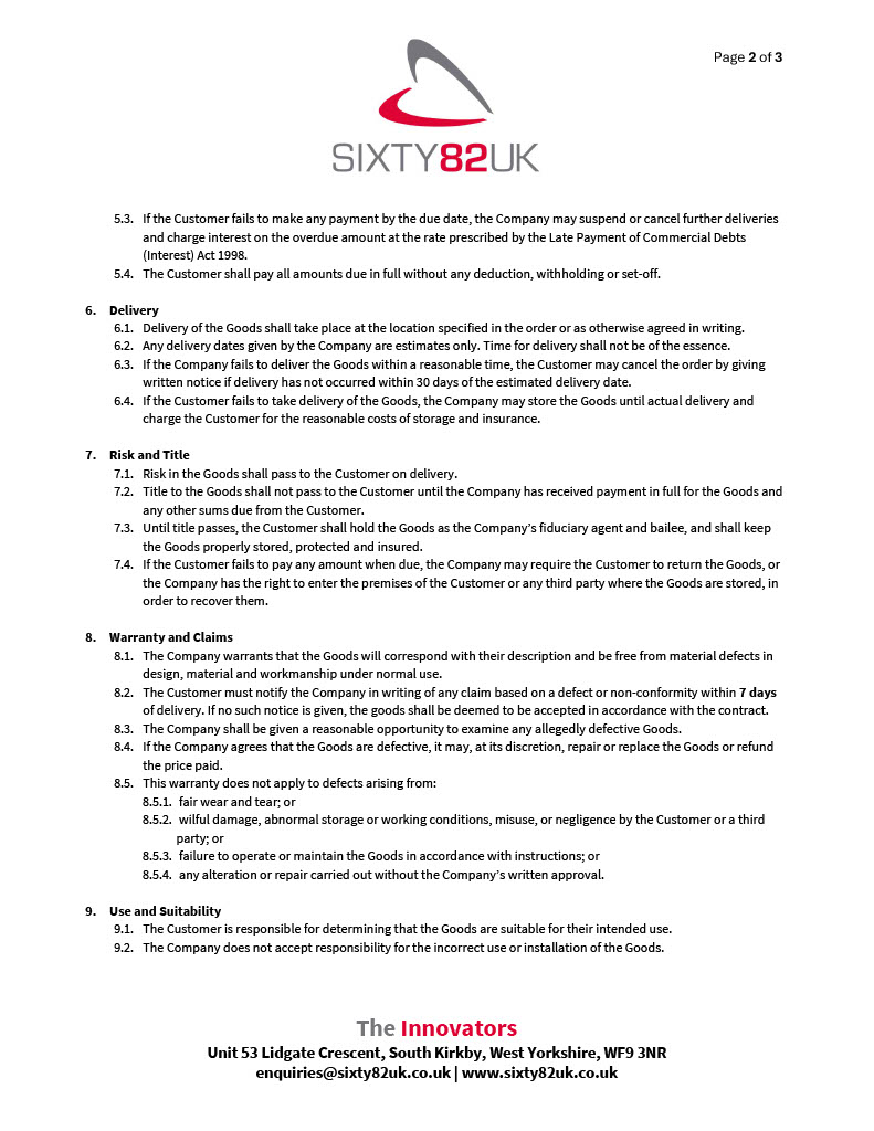 SIXTY82 UK Limited - Terms & conditions of sale - Pg2